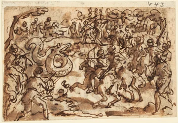 Recto: El cónsul romano Atílio Régulo luchando contra una serpiente africana gigante, de la Historia Natural de Plinio, Libro 8, cap. 14; Verso: Ptolomeo atrapando una serpiente gigante con una red, de Diodoro Sículo, Bibliotheca Historica III, 37