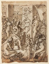 Recto: Zeuxis pintando a Helena; Verso: Estudios de figuras para una ilustración del octavo círculo, décima bolgia del Infierno de Dante (Falsificadores: Maestro Adamo, Sinón de Troya, la esposa de Potifar)