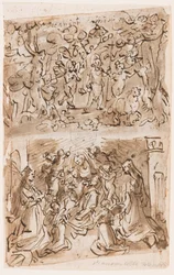 Recto, arriba: Joven San Juan Bautista guiado por ángeles en el desierto; Recto, abajo: Sacra Conversazione con Santa Bárbara y Santa Catalina; Verso, arriba: Crucifixión; Verso, abajo: Cristo sanando paralíticos cerca de la piscina de Betesda