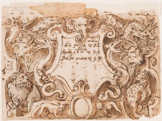 Recto: diseño preliminar para la página de título de la serie de grabados Venationes Ferarum Arium Piscium; Verso: notas de Stradanus sobre pagos a un sastre