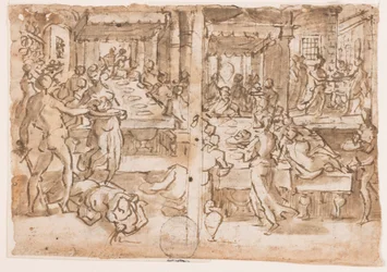 Recto, derecha: Decapitación de San Juan Bautista, Recto, izquierda: Salomé recibe la cabeza de San Juan Bautista del verdugo, diseño para pl.10 en la Vida de San Juan Bautista Verso: El cuerpo de Alfonso Piccolomini (1551 - 1591), forajido sienés colgado