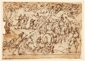 Página de cuaderno de bocetos; escena de caza