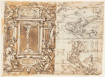 Página de cuaderno de bocetos; Monumento de Marco Aurelio Antonino con hijo; Estudio para un grabado