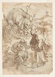 Página de cuaderno de bocetos con Cristo caminando sobre el agua