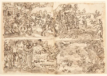 Página de cuaderno de bocetos con cuatro escenas de caza