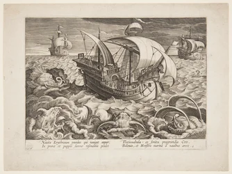 Tres barcos rodeados de monstruos