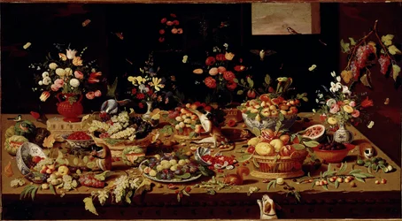 Bodegón con frutas y flores. Mesa con platos con higos, ciruelas, granadas, uvas, melocotones. Pintura en cobre de Jan Van Kessel (1626-1679) Galleria Doria Pamphilj, Roma - Bodegón de flores, frutas y animales, por Jan Van Kessel (1626-79)