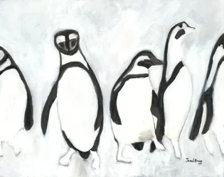 Penguins at Woodland Park Zoo, c.2021 (tinta sumi y gesso sobre papel)
