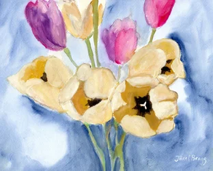 Tulipanes en la mesa de comedor de mamá, c.2016 (caseína y acuarela sobre papel)