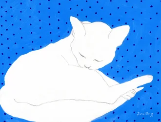 Gato blanco sobre azul con lunares, c.2024 (acuarela y caseína sobre papel)