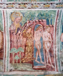 Iglesia fortificada de Hrastovlje, Iglesia de la Trinidad, Adán y Eva expulsados del Paraíso (1490), detalle de frescos por Janez Iz Kastva, Eslovenia