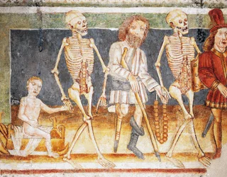 Iglesia fortificada de Hrastovlje, Iglesia de la Trinidad, La Muerte acompañando al niño y al pobre, Danza de la Muerte (1490), detalle de frescos de Janez Iz Kastva (1490), Eslovenia