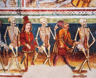 Iglesia fortificada de Hrastovlje, Iglesia de la Trinidad, La Muerte acompañando a un comerciante y un banquero rico, Danza de la Muerte (1490), detalle de frescos de Janez Iz Kastva, Eslovenia