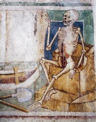 Iglesia fortificada de Hrastovlje, Iglesia de la Trinidad, La Muerte abriendo la losa de la tumba, Danza de la Muerte (1490), detalle de frescos de Janez Iz Kastva, Eslovenia