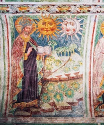 Iglesia fortificada de Hrastovlje, Iglesia de la Trinidad, Génesis, Dios crea el sol, la luna y las estrellas (1490), detalle de los frescos de Janez Iz Kastva, Eslovenia