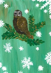 Búho de invierno y copos de nieve