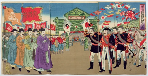 Reunión entre oficiales japoneses y funcionarios coreanos, un episodio de la Guerra Sino-Japonesa, finales del siglo XIX