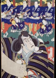 Actores, narradores y músicos de shamisen, escena de teatro Kabuki
