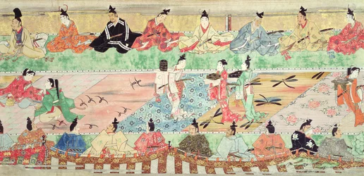 Escena de banquete de un rollo pintado del Cuento de Muramatsu