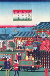 Sección central de un tríptico que representa un tren en Yokohama, segunda mitad del siglo XIX