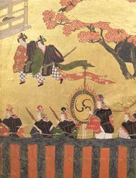 (detalle) de una pantalla de cuatro hojas que representa a dos cortesanos con kazaritachi y soldados, Escuela Tosa, Período Edo