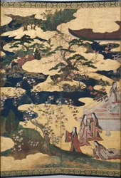 Detalle de Primavera en el Palacio, biombo de seis paneles de El Cuento de Genji, c.1650