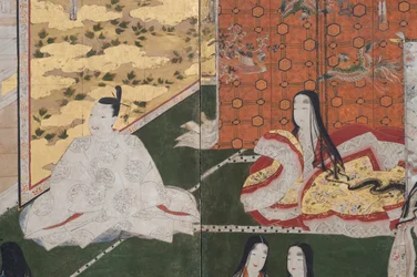 Detalle de Primavera en el Palacio, biombo de seis paneles de El Cuento de Genji, c.1650