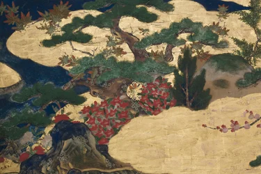 Detalle de Primavera en el Palacio, biombo de seis paneles de El Cuento de Genji, c.1650