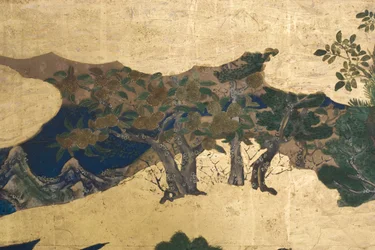 Detalle de Primavera en el Palacio, biombo de seis paneles de El Cuento de Genji, c.1650