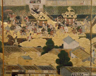 Detalle de Vistas de Kioto y sus alrededores (Rakuchu rakugai zu), ca.1616-24 (tinta, color y pan de oro sobre papel)