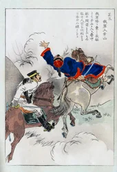 Lucha ecuestre entre un oficial japonés y un chino - impresión japonesa, finales del siglo XIX