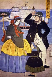 Familia europea en el puerto de Yokohama pintada por un artista japonés en 1861