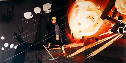 Explosión durante la guerra ruso-japonesa de 1904-05 (litografía en color)