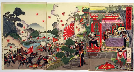 Lucha entre tropas japonesas y chinas observada por un grupo de oficiales japoneses, un episodio de la Guerra Sino-Japonesa, finales del siglo XIX