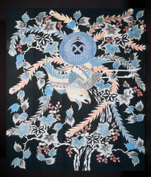 Colcha Futonji con motivos de fénix, paulownia y narcisos, algodón, tinte con índigo, pigmento y tinta