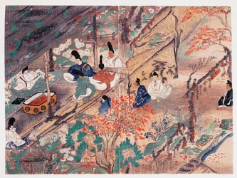 El estadista y poeta Heian Sugawara Michizane (845-903), conocido como Tenjin-San (espíritu celestial), en el exilio en el santuario Kitano Tenman-Gu de Kioto dividiendo las ropas donadas por el que fuera emperador, Fujiwara Nobuzane (1176-1268), periodo K