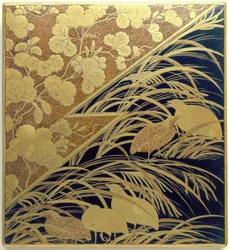 Estuche de piedra de tinta con diseño de hierba de la Pampa y codorniz, periodo Edo, c.1630 (madera lacada con oro, piedra de tinta y plata)
