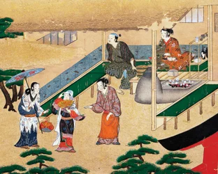 Dentro de una casa en las afueras de Kioto, ukiyo-e, pintura sobre seda, escuela de Tosa, civilización japonesa