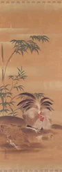 Kakemono japonés de un gallo, una gallina y polluelos (tinta y dorado sobre papel)