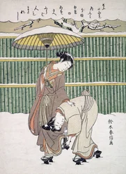 Amantes japoneses caminando en la nieve, pub. c. 1768