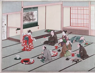 Japoneses comiendo, bebiendo y siendo entretenidos en una casa de té