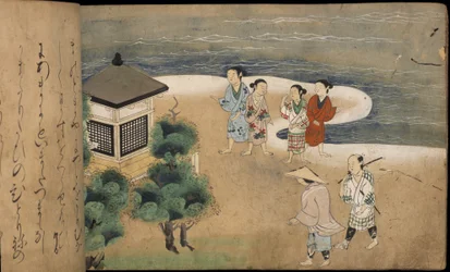 Hombres japoneses junto a una pagoda, ilustración del 