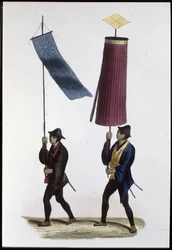 Soldados japoneses portando estandartes,1860 (grabado)