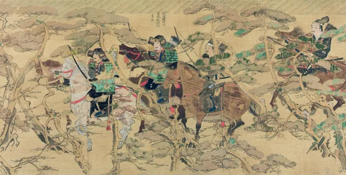 Soldados japoneses a caballo atravesando un bosque de pinos durante la invasión mongola de Japón en 1274, ilustración de la revista Kokka, mayo de 1921