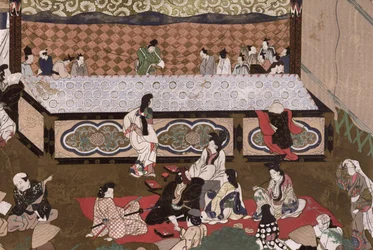 Teatro kabuki en una feria de Kioto, ilustración a partir de un 17º cuadro de "Kokka", noviembre de 1924 (litografía en color).