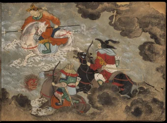 Soldados montados luchando contra demonios, ilustración del 