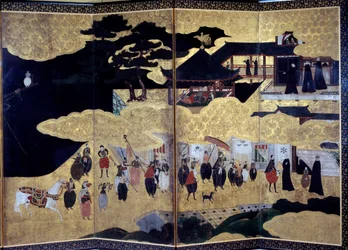 Biombo Namban Byobu llamado «Portugueses»: representación de la llegada de los misioneros jesuitas portugueses a Japón en el siglo XVI. Realizado por la escuela Kano. Siglo XVII. París, Museo Guimet, Museo Nacional de Artes Asiáticas