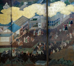 Biombo portugués: una representación de la llegada de los misioneros jesuitas portugueses a Japón en el siglo XVI. (detalle)