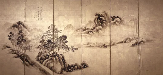 Anverso: Paisaje según Mi Fei, c.1810 (tinta sobre hoja de oro)
