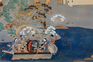 Bote de remos, ilustración para Eiga Monogatari (Historia del Esplendor), por Akazome Emon (ca 956-1041). Japón